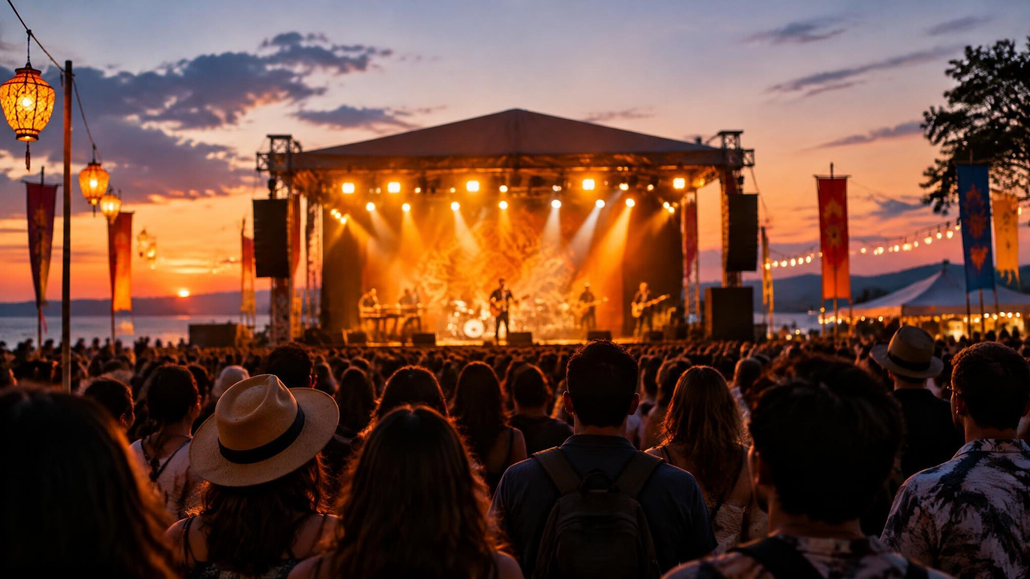 Cultural event with colourful stage lights and a crowd