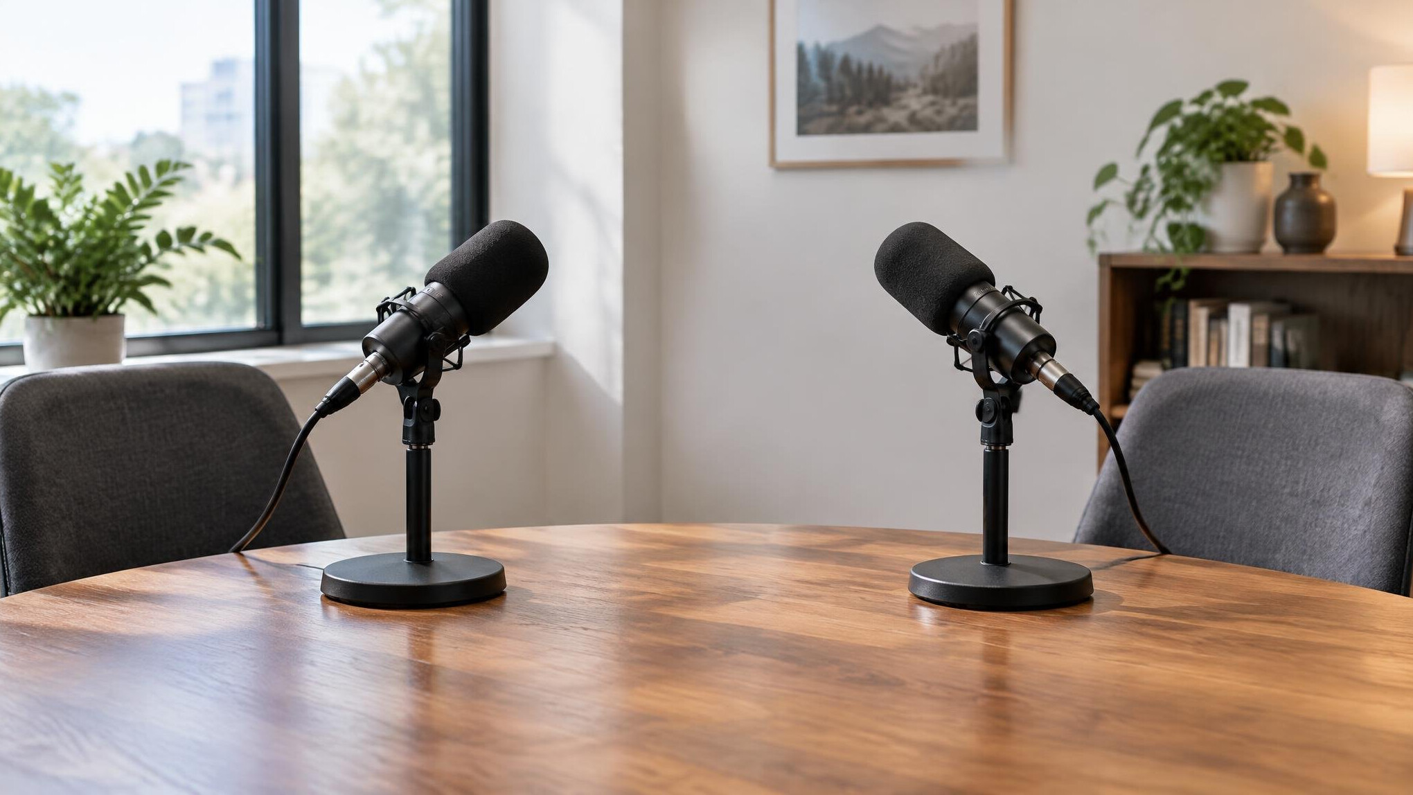 Two microphones on a table prepared for an interview