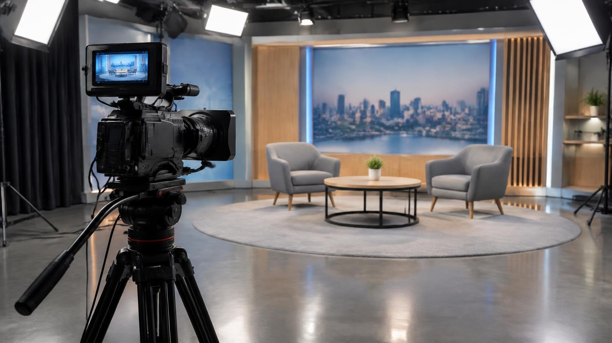 Video camera on a tripod in a television studio