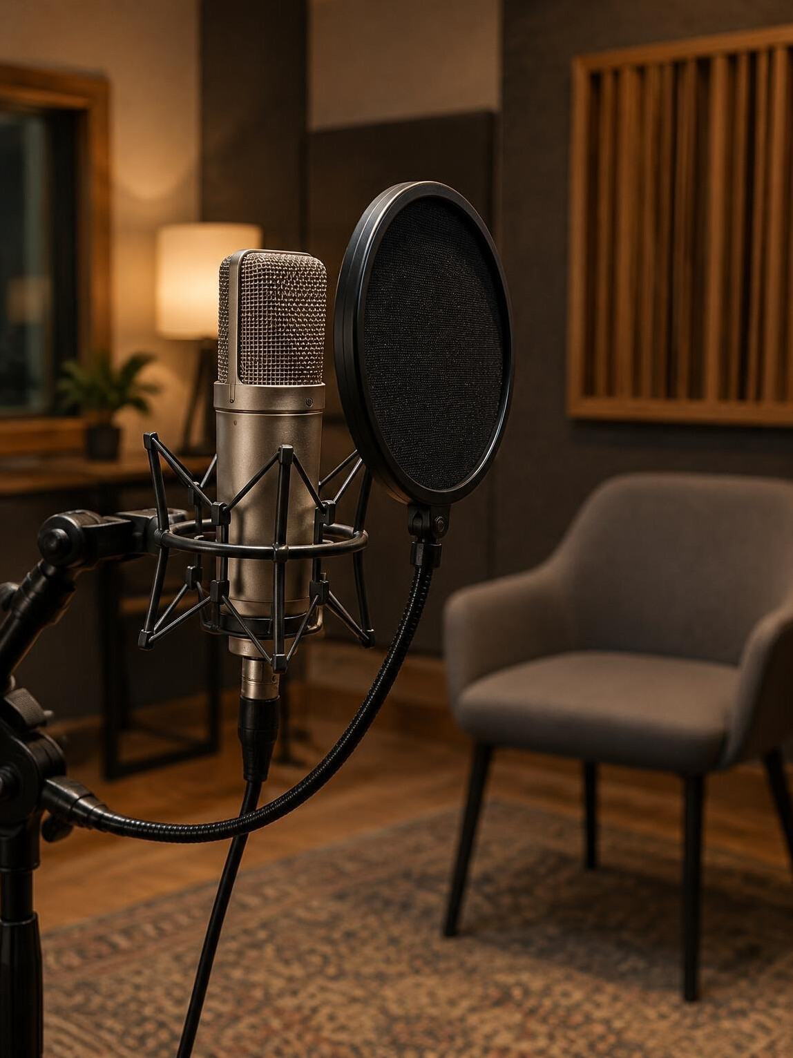 Studio microphone with pop filter in a recording room