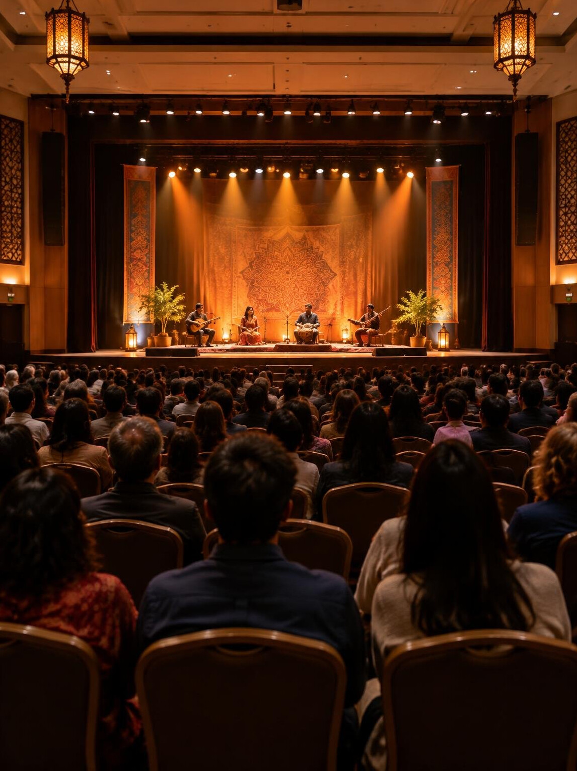 Audience seated in a conference hall facing a lit stage